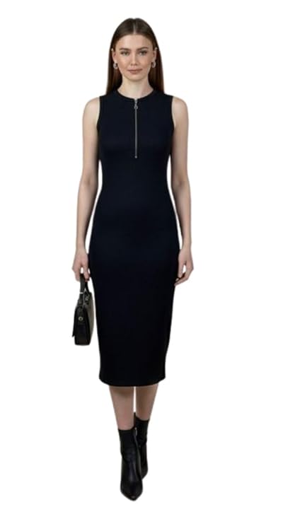 Women's Sleeveless Black Bodycon Dress, Quarter Zip Front, Business Professional Wear, Knee Length