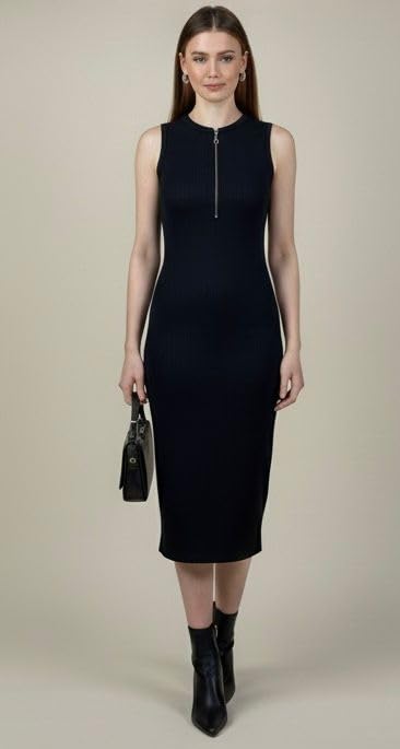 Women's Sleeveless Black Bodycon Dress, Quarter Zip Front, Business Professional Wear, Knee Length