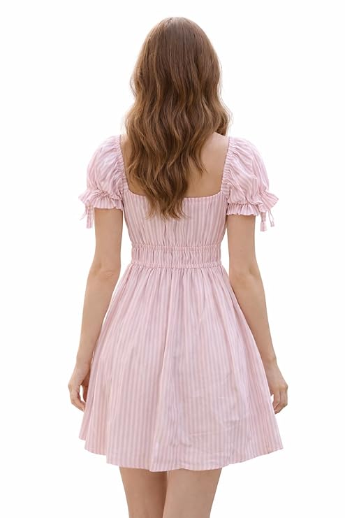 Pink Striped Mini Dress, Square Neck, Puff Sleeves with Ruffle Tie Detail, Smocked Waist, A-Line Fit