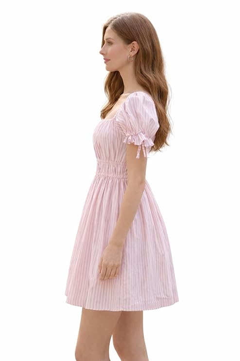 Pink Striped Mini Dress, Square Neck, Puff Sleeves with Ruffle Tie Detail, Smocked Waist, A-Line Fit