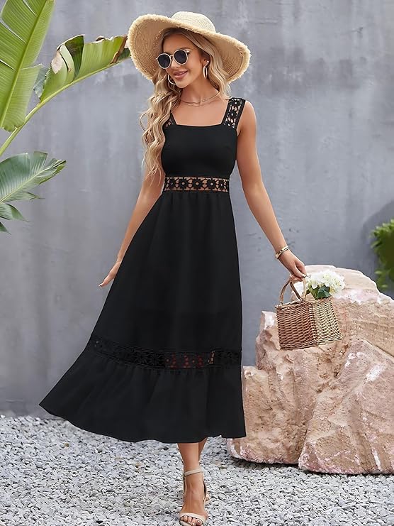 Women Crepe with Embroidery Less Casual Maxi Dresses, Straless Neck with Sleeveless
