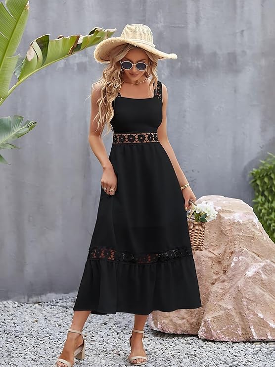 Women Crepe with Embroidery Less Casual Maxi Dresses, Straless Neck with Sleeveless